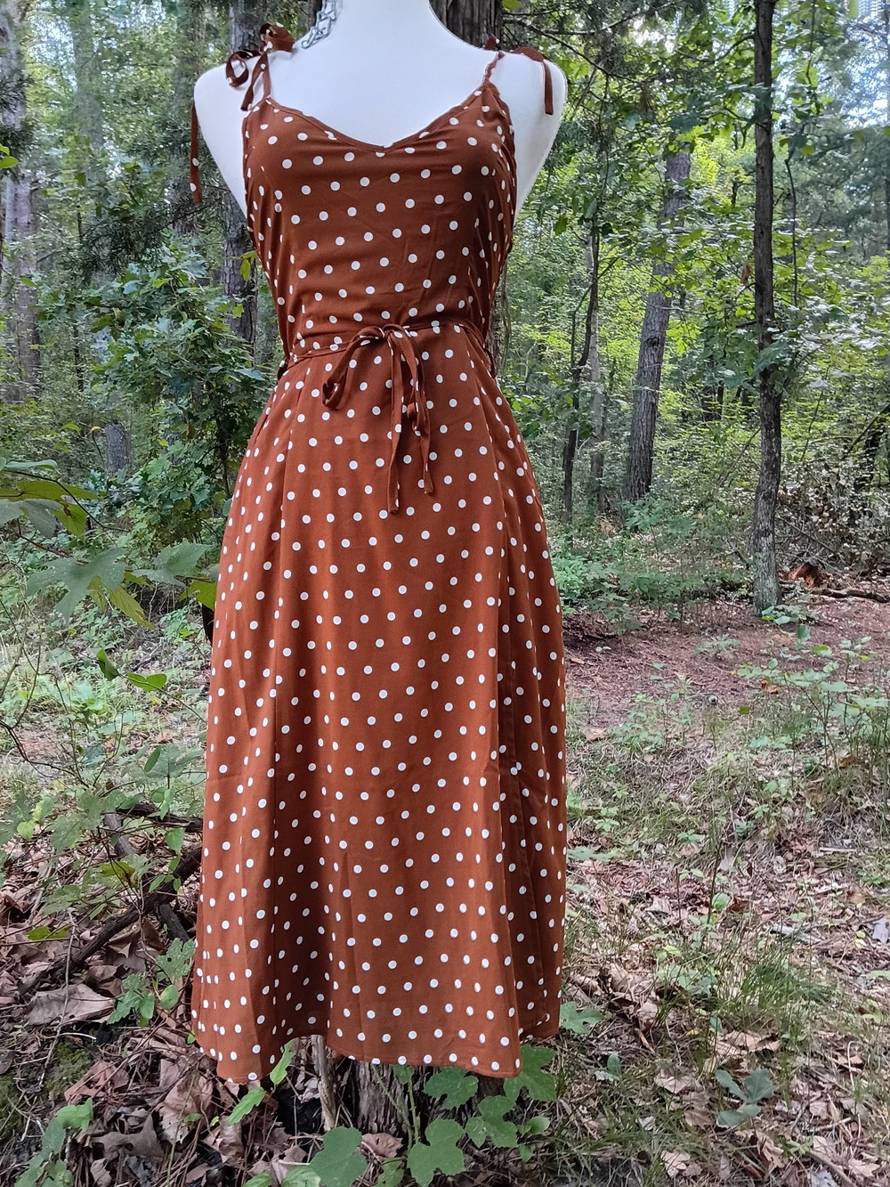 Kittenish Rust Brown Polka Dot Tie-Shoulder Midi Dress